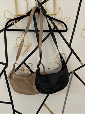 Minimal Crescent Shoulder Bag in Black and Taupe